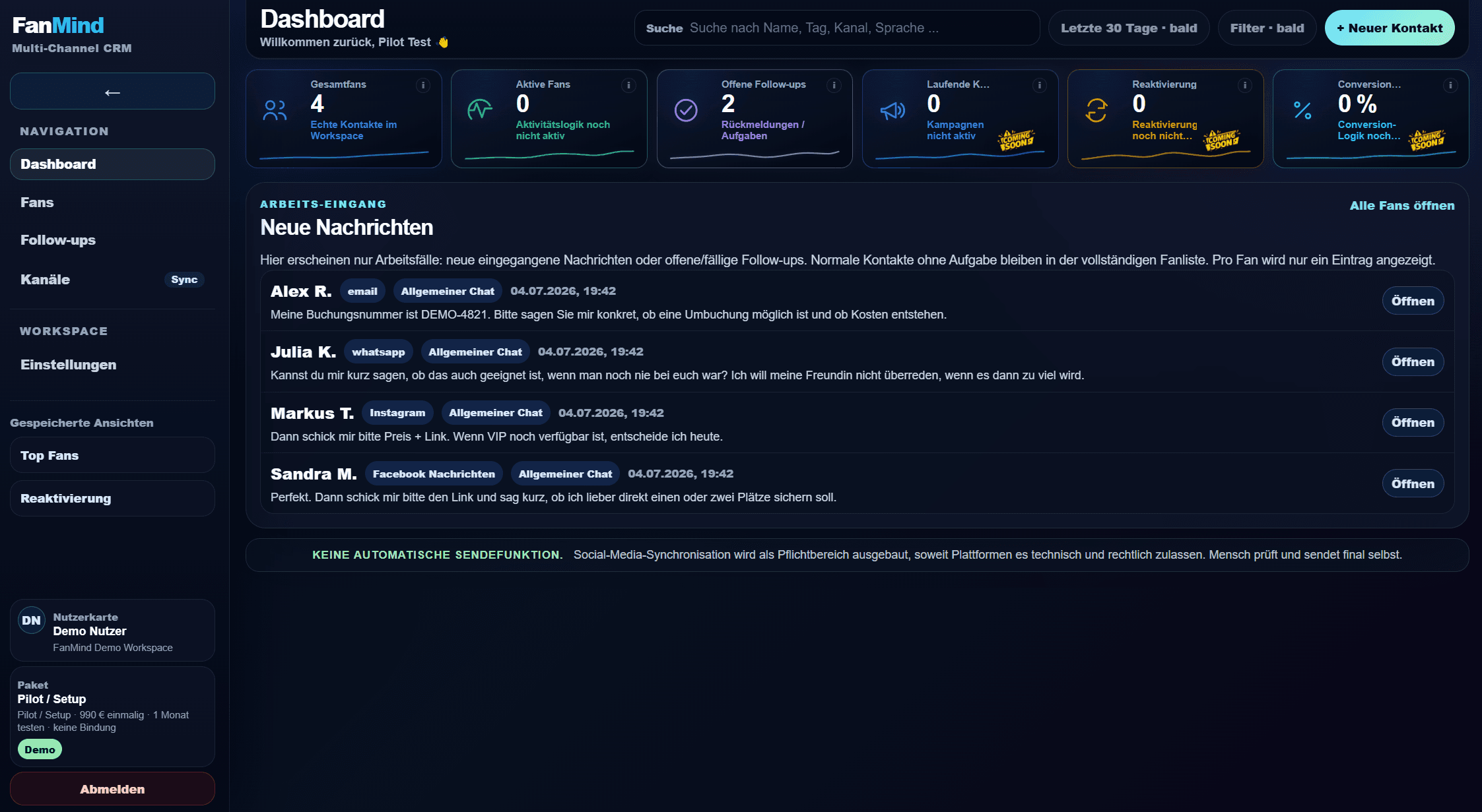 FanMind Dashboard mit Kontaktübersicht, Kennzahlen und KI-gestütztem CRM-Workflow